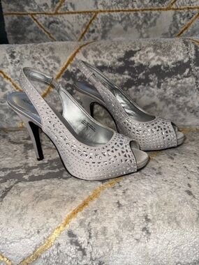 Silver Peep-Toe Slingback Heels with Crystals